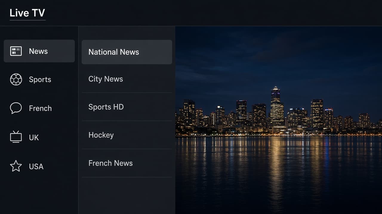 IPTV Smarters Pro live TV list with groups and a preview window