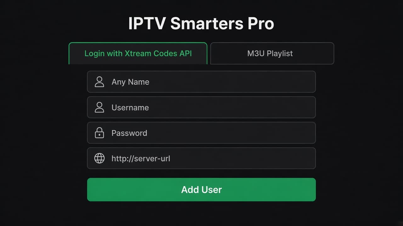 IPTV Smarters Pro sign-in with Xtream Codes API selected